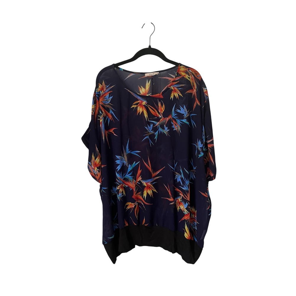 Tropical Bird of Paradise Blue Sheer Tunic Top Large